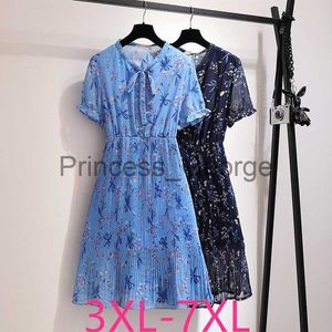 Vestidos casuais Novos vestidos de verão plus size para mulheres manga curta casual vestido de chiffon plissado floral azul 3XL 4XL 5XL 6XL 7XL x0625