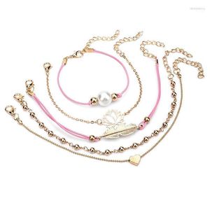 Charm Bracelets 5PCS/Set Bohemian Feather Lotus Flower For Women Beads Chain Multi Layer Bracelet DIY Handmade Jewelry Gift Melv22