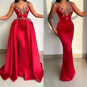Elegant Red Evening Gown Overskirts Straps Beads Party Prom Dresses Pleats Formal Long Dress for red carpet special occasion