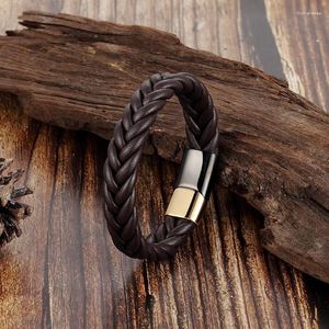 Charm Bracelets Fashion Braided Leather Gold Stainless Steel Clasp Bangles Black/Brown Rope Chain Punk Wristband Raym22