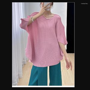 Women's T Shirts SELLING Miyake Folds Of Loose Solid Half Sleeve O-neck Sequined Long Irregular T-shirt IN STOCK
