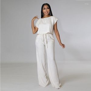 Pantaloni due pezzi da donna Gotoola 2023 Abito estivo Tinta unita Camicia in cotone e lino Elastico Vita alta Gamba larga Moda Casual Due pezzi