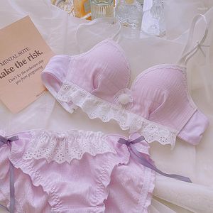 Sutiãs conjuntos japonês bonito e doce bola de pele sutiã com calcinha pequeno peito reunido menina roupa interior conjunto de algodão tecido creme arte lingerie