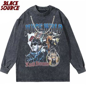 メンズTシャツY2KジュースWRLD Tシャツ長袖ヴィンテージウォッシュラッパースウェットシャツヒップホッププルオーバー特大のフーディーストリートウェアトップスTEES MEN J230625