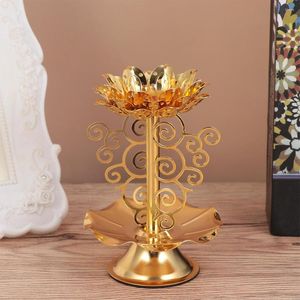 Świece posiadacze plamy Lotus Gold Diwali Diya Stojak Mosiężne lampy olejne kwiat Dekor Tealight Crystal Candelabra Użyj światła