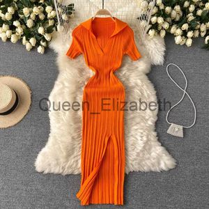 Casual Kleider Chic Streifen Elastisch Schlank Elegant Split Wrap Figurbetontes Kleid Sexy Kurzarm Casual Revers Frauen Mode Stricken Vestido Bleistiftkleid J230625