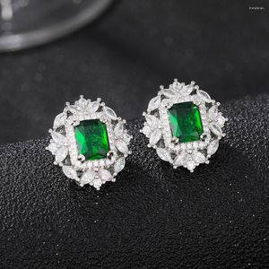 Stud Earrings Imitation Emerald Tourmaline Princess Square Full Diamond Female High-end Temperament Jewelry