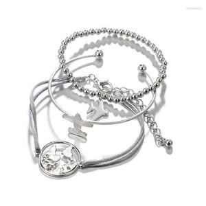 Charm Bracelets AECLVR 3 pçs/set Plant Circle Beads Charms Bracelet Sets Silver Metal Chain Open Cuff Women Ladies Daily Jewelry Melv22