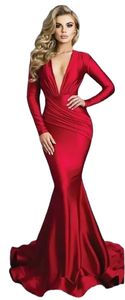 Nova Chegada Red Mermaid Vestidos de Noite Formais Sexy Decote em V Mangas Compridas Cetim Ruched Vestidos de Baile robe de soiree