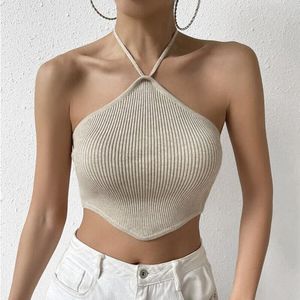 Kvinnor Sexig hanghals spetsar upp backless stickad väst Slim Croped Tops Clubwear