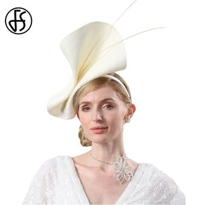 Chapéus de Aba Larga Chapéus de Balde FS Fascinators Bege Branco Chapéus de Casamento Para Mulheres Coquetel Tea Party Fedora Vintage Senhora Elegante Vestido de Igreja Derby Cap 230621