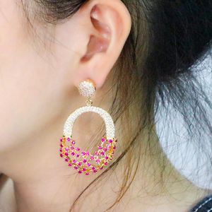 Knot Pera Fantastisk afrikansk guldfärg Fuchsia CZ Zircon Long Round Dangle Drop Luxury Banket Party Earrings For Women Jewelry E972