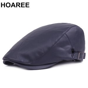 Hoaree Winter Hat Pu Кожаная темно -синяя мужская берет берет ретро повседневной теплый осенний зимний мужчина сплошной 2022 Новая регулируемая плоская шапка