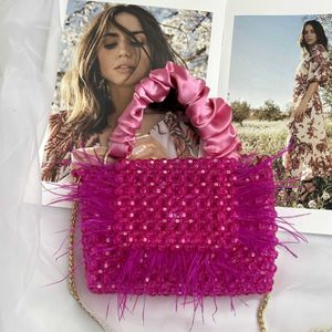 Nova bolsa transversal de corrente de cetim e seda artesanal com miçangas acrílicas Maomao bolsa quadrada pequena para mulheres 230625