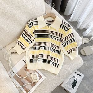 여자 줄무늬 t 셔츠 레이디 여름 짧은 소매 상단을위한 캐주얼 니트 편지 Jacquard t 셔츠