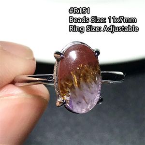 Anello solitario Auralite naturale 23 Quarzo Gioielli per donna Uomo Cacoxenite Rosso Viola Cristallo Argento Perline rutilate Regolabile AAAAA 230625