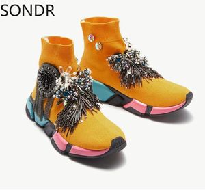 Women Sock Yellow Ankle Boots Rhinestones broderi Tassel Crystal Sneaker Shoes Knits Stickning Casual Plus Size