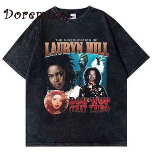 Erkekler Tişörtleri Rapçi Lauryn Hill Graphics Tshirt Unisex Harajuku Erkekler Vintage Shortsleeve Washed Tshirts Büyük Boy Hip Hop Tops Street Giyim J230625