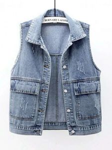 بسيطة بلا أكمام S-5XL DENIM VEST COATS FASHING أحادية الصدر جيب فضفاضة سرقات سائبة في جميع أنحاء المباراة للنساء