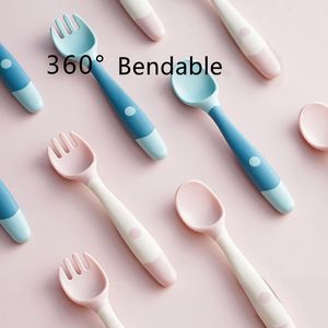 Baby Spoon Utensils Set Auxiliary Food Toddler Learn To Eat Training Bendable Silicone Fork Kit Infant Feeding Tableware