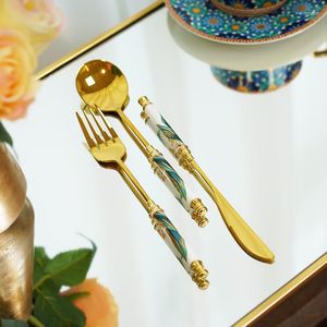 Учебные посуды наборы 304 из нержавеющей стали Золотая нож и вилка Spoon Set Light Luxury Ceramic Long Handle Dableware Мода Домашние столовые приборы