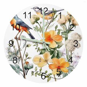 Wall Clocks Flowers Birds Leaves Watercolors Luminous Pointer Clock Home Ornaments Round Silent Living Room Office Decor