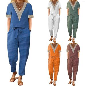 Calças femininas de duas peças conjunto casual de algodão e linho cor sólida moda blusa de manga curta