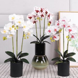 Dekorative Blumen im Topf, künstliche Arrangements, realistische Phalaenopsis-Orchidee im schwarzen Topf, Heimdekoration, Wohnzimmer, Büro, Schlafzimmer