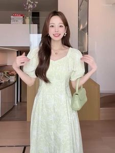 Casual Dresses Summer Korean Style Chic Temperament Gentle Slim Fit Show And Fresh Green Fragmented Bubble Sleeve Dress For Women