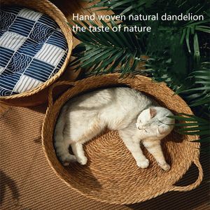 Kattbäddar möbler Pure Manual Rattan Woven Cat Nest Four Seasons General Maskros vävt Cool Nest Cat Bed Cat Scratch Board Pet Products 230625