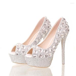 Dress Shoes Handmade Silver Diamond Wedding Peep Toe Platforms Rhinestone Prom Party Super High Heel Stilettos Bridal