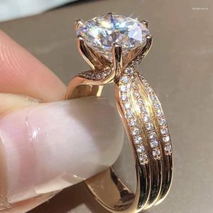 Anéis de casamento 2023 clássico seis garras anel de noivado de cor dourada para mulheres moda redonda forma zircônia presente de aniversário joias