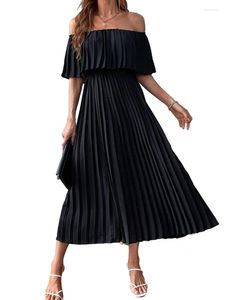 어깨 주름 드레스를위한 캐주얼 드레스 해변 휴가 의상 패션 블랙 여름 미디 멍청이 로브 팜미