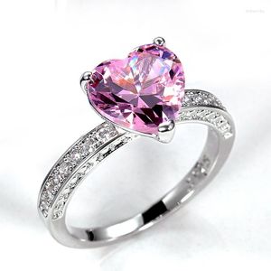 Wedding Rings Fashion Pink Heart Shape Cubic Zirconia Solitaire Promise Engagement For Women Bridal Gift Band Jewelry Size 6-10