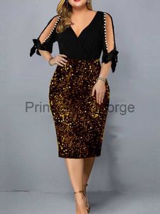 Lässige Kleider 3XL 4XL 5XL Plus Size Sommerkleider für Hochzeitsgäste 2022 Mode V-Ausschnitt Loch Perlenärmel Pailletten Slim Bodycon Partykleid x0625