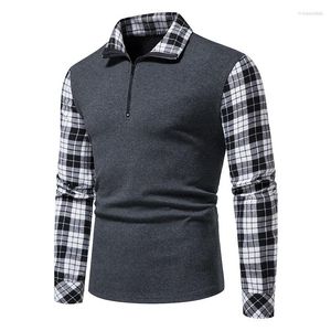 Men's Polos Men's 2023 Men's Polo Shirt Fashion Patchwork Mens Casual Long Sleeved Zip Collar Check Men Plaid Sleeve Tops Tees Man