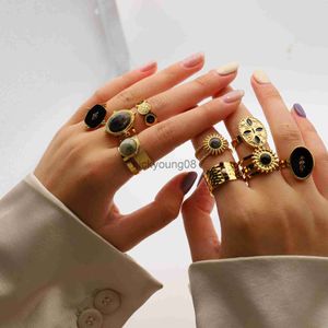 Bandringe Retro Naturstein Edelstahlringe Vergoldeter Titanstahl Türkis Malachit Knuckle Fingerringe für Frauen Schmuck x0625