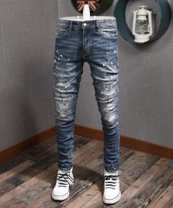 Tasarımcı Stretch denim erkek kot pantolon için uygun erkekler ince boyalı yama trim bacak kovboy mans jean erkek k0ys#