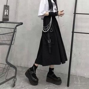 Gonne a vita alta Cargo Donna Harajuku 2023 Tasca a trapezio allentata Midi Gonna lunga nera Hip Hop Moda Streetwear OverSize