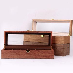 Caixas de relógios Estojos com 6 compartimentos Caixa de exibição de madeira Estojo de vidro com trava superior Organizador de armazenamento C Deli22