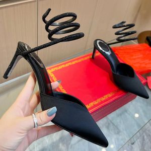 Rene Caovilla Yüksek Topuklu Sandal Tasarımcı Elbise Ayakkabı Kadın Saten Yılan Sargılı Ayak Tip Tip Partisi Su Elmas Dekorasyon Moda Stiletto Topuk Sandals
