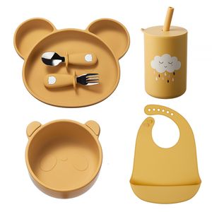 Tazze Piatti Utensili 4/5/6 Pezzi Ciotole per Bambini Piatti Cucchiai Silicone Aspirazione Alimentazione Cibo Stoviglie Senza BPA Antiscivolo Piatti per Bambini Ciotola per Alimenti Panda 230625