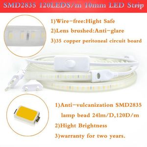 Şeritler 220V LED şerit 2835 120leds/m Açık/kapama anahtarı yüksek parlaklık ışık esnek bant ip67 su geçirmez ışık.