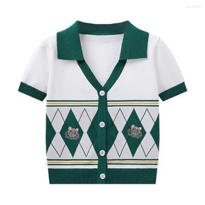 Kvinnors stickor Summer Thin Slim Argyle Cartoon Embroidery Sticked Cardigan Women Fashion V-ringen Puff Short Sleeve White Green Ladies tröja