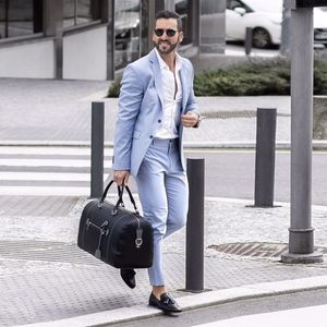 Light Blue Mens Wedding Tuxedos 2 Pieces Slim Fit Casual Mens Suit Sets Costume Homme Mariage Groom Wear