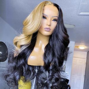 Stunning Black With Blonde Red Ombre Human Hair Lace Front Wig - 13x6 Transparent Frontal, Body Wave Style for Women - Premium Quality Wigs