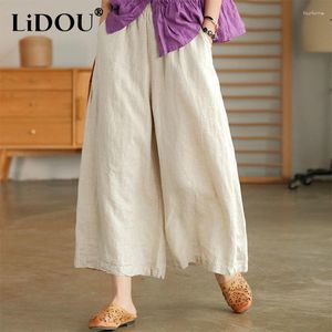 Pantaloni da donna Primavera Estate Letterario Vintage Cotone Lino Gamba larga Donna Elastico in vita Pantaloni alla caviglia tutto abbinato Abbigliamento da donna