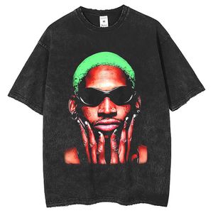 Rodman vintage tryckt kortärmad t-shirt tvättad och sliten 250 g liten halsringning t-shirt topp