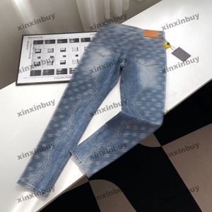 xinxinbuy Men women designer pant Paris Iron chain jacquard Letter Printing Washed Jeans denim zipper Casual pants blue M-2XL