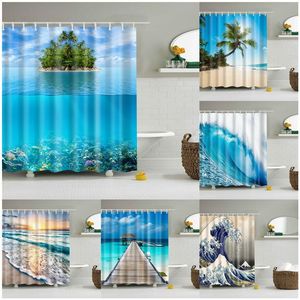 Shower Curtains Seaside Beach Sea Wave Coconut Tree Washable Bathroom Curtain Fabric Waterproof Polyester Bath Accessor 230625